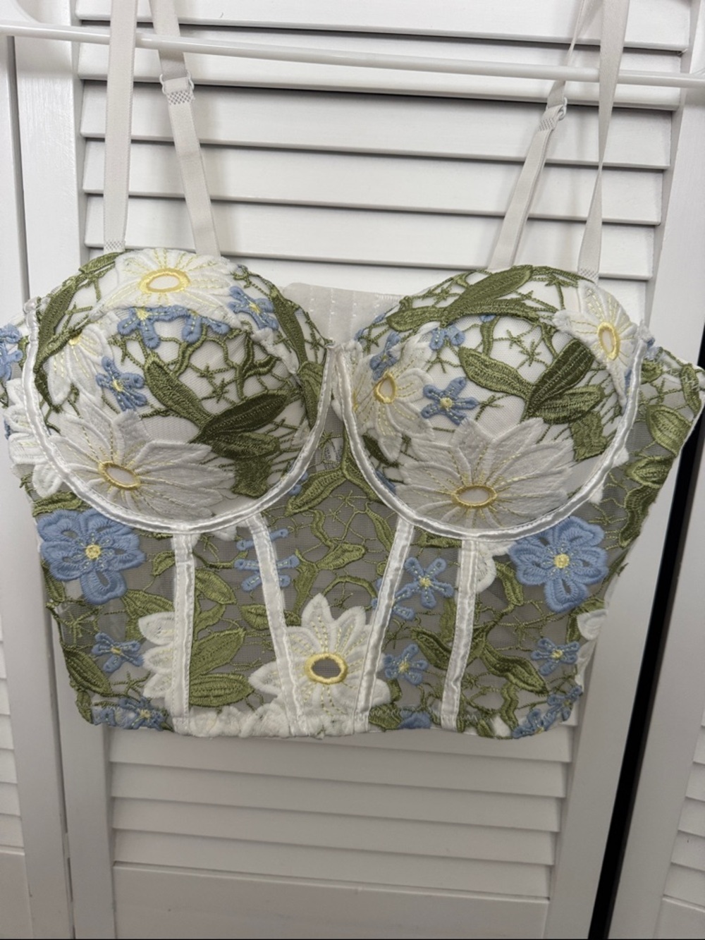 En Creme Floral Embroidered White Crop Bustier with Blue & Green Accents